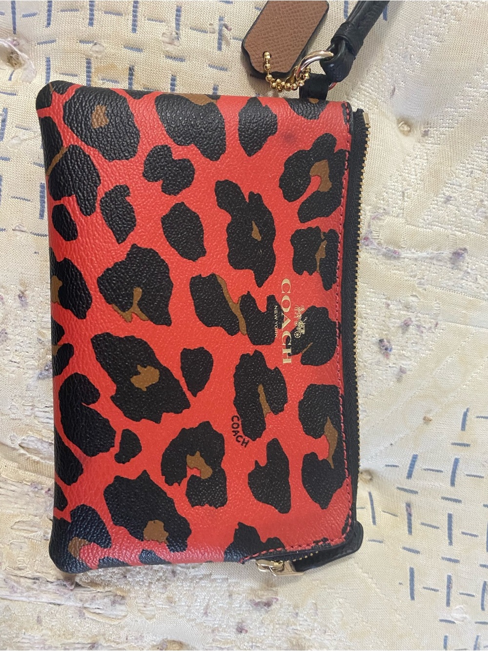 Coach Red Leopard-Print Zip Wristlet with Black & Brown Spots